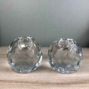 Vintage Faceted Spherical Glass Candlestick Holder Honeycomb Set of 2